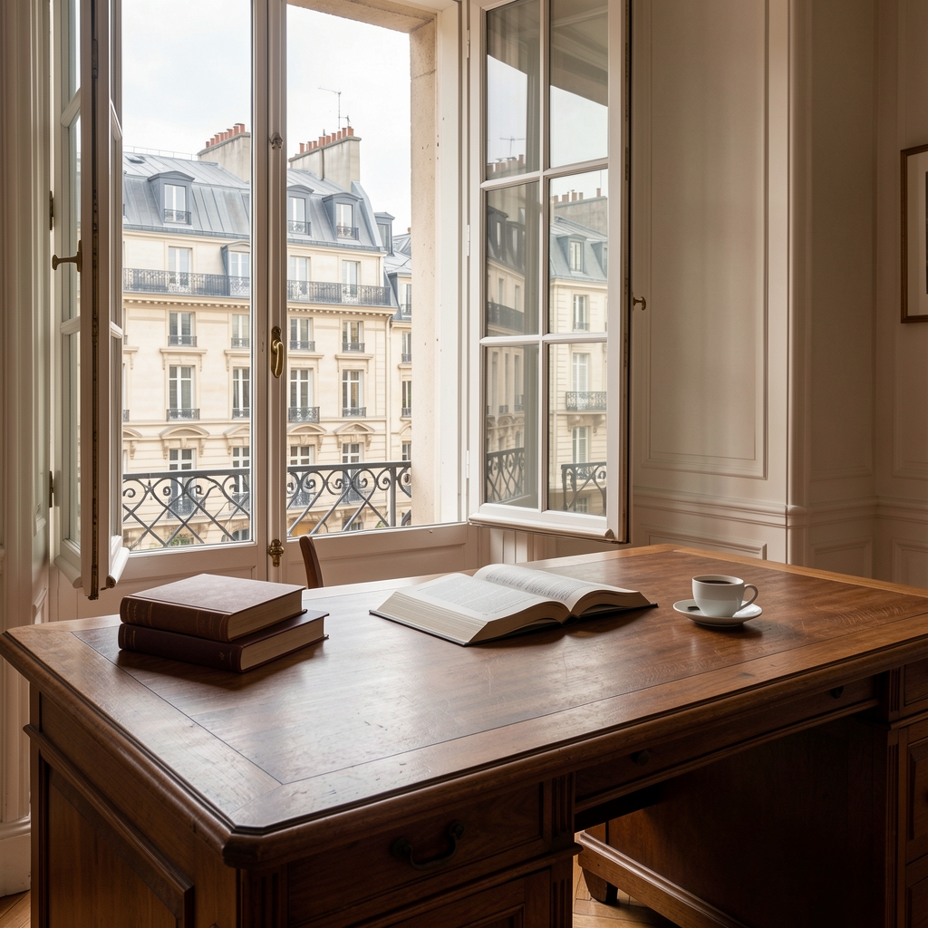 Bureau parisien élégant avec grande fenêtre ouverte sur les toits haussmanniens, lumière naturelle douce sur un bureau en bois avec quelques livres ouverts et une tasse de café
