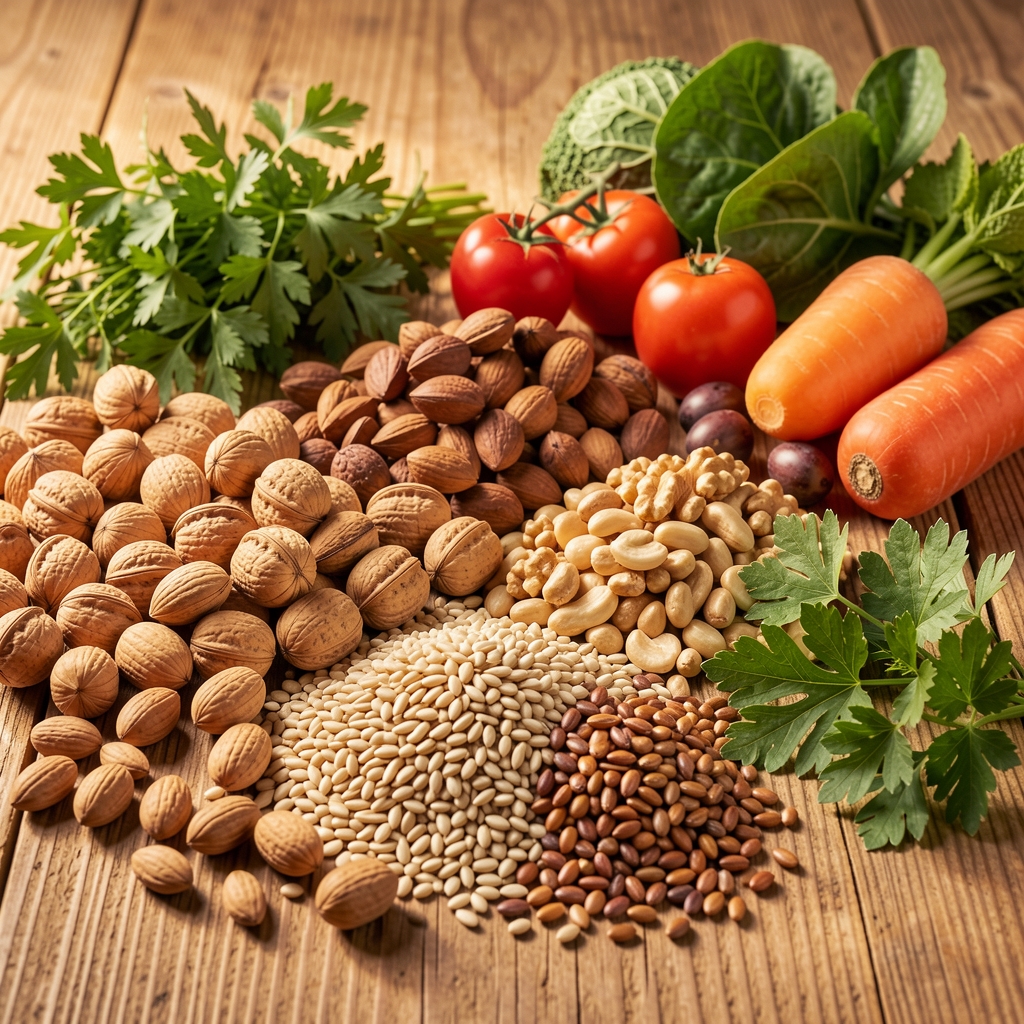 Assortiment coloré de noix, graines, légumes frais et herbes aromatiques disposés harmonieusement sur une table en bois naturel, éclairage chaud et naturel