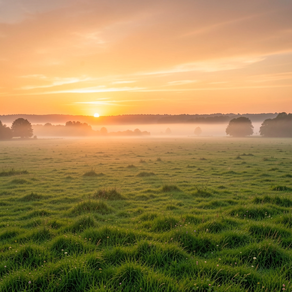 Paysage naturel panoramique au lever du soleil, vastes prairies verdoyantes avec brume matinale légère, ciel aux teintes chaudes orangées et dorées, sentiment de calme et d'espace