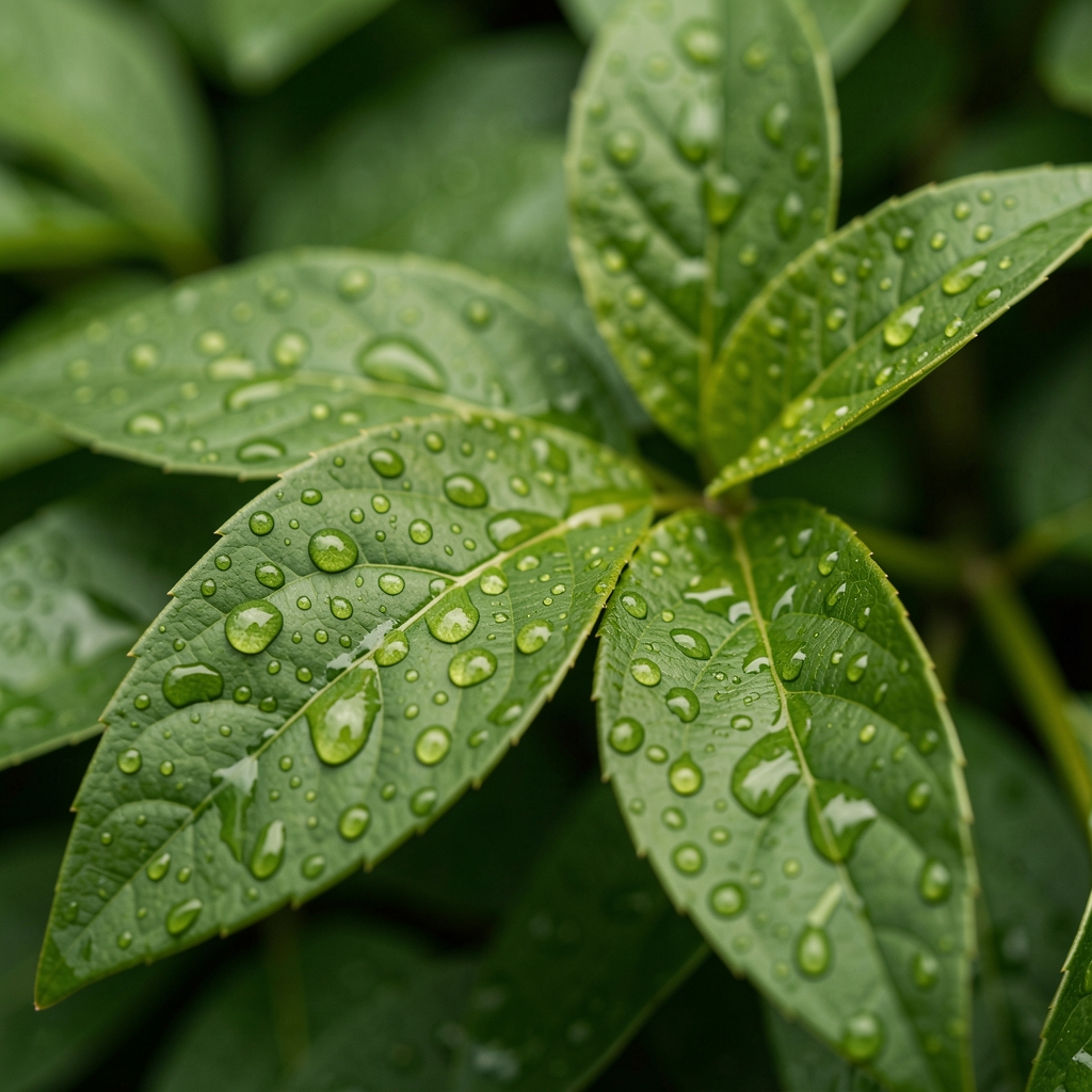 Gros plan de feuilles vertes recouvertes de gouttes d'eau cristallines sur fond de lumière naturelle tamisée, texture végétale détaillée