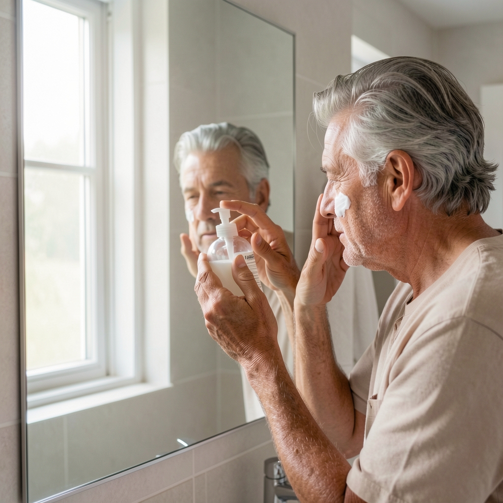 Homme aux cheveux grisonnants appliquant une crème hydratante sur son visage devant un miroir, salle de bain épurée avec lumière naturelle douce filtrant par une fenêtre